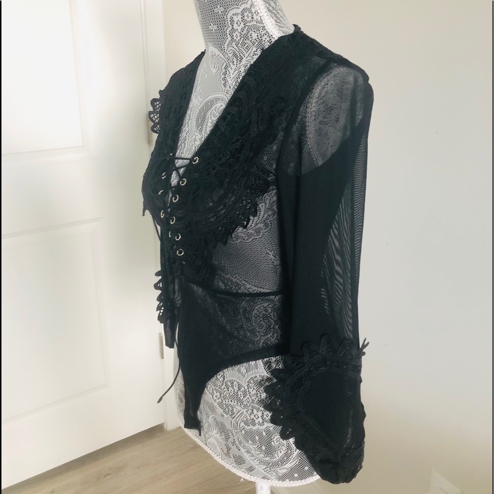 Black Mesh Laced Embroidery Bodysuit - Picture 3 of 7